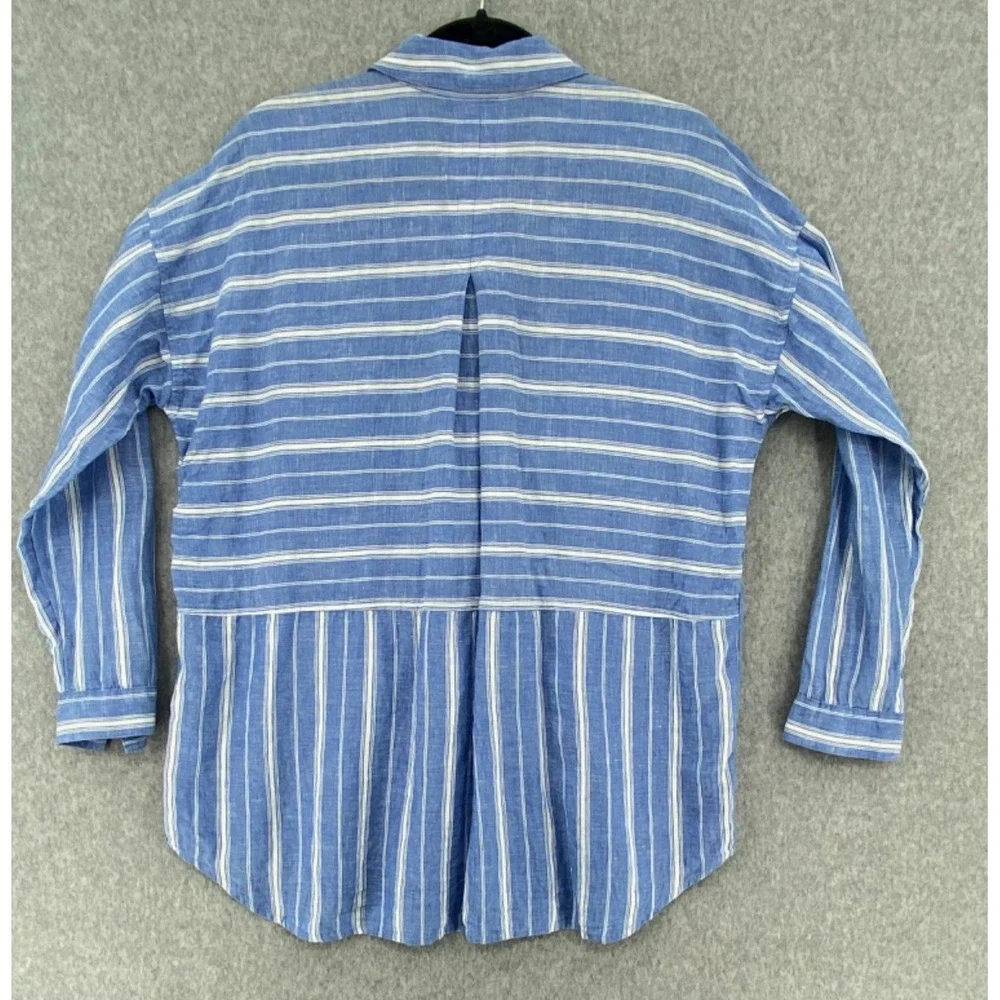 J Jill Love Linen Shirt womens Medium Blue & White Striped Linen Button-Up - Picture 2 of 11